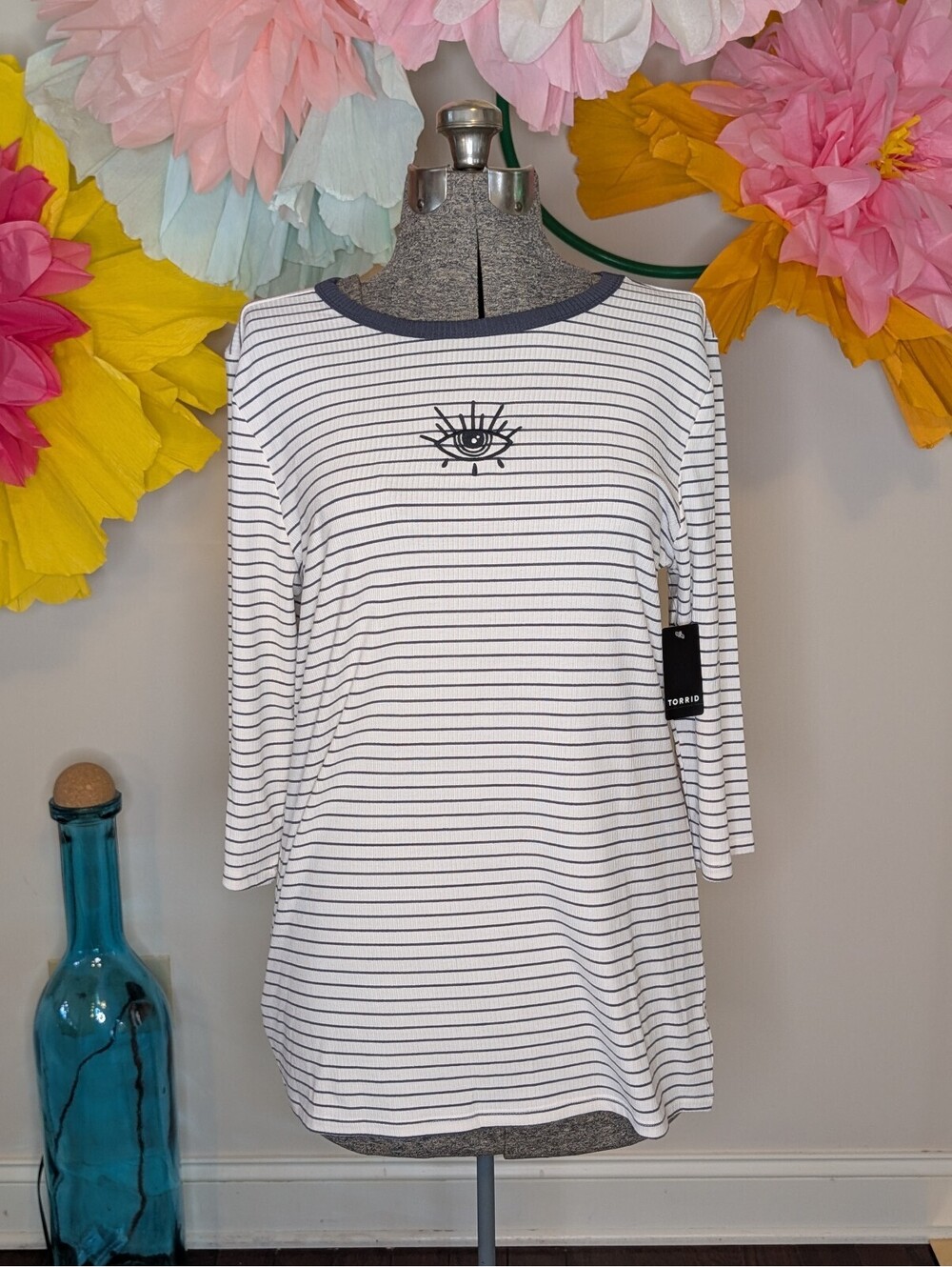 2166 - Torrid Super Soft Ribbed Striped 3/4 Sleeve T-Shirt with Eye Graphic